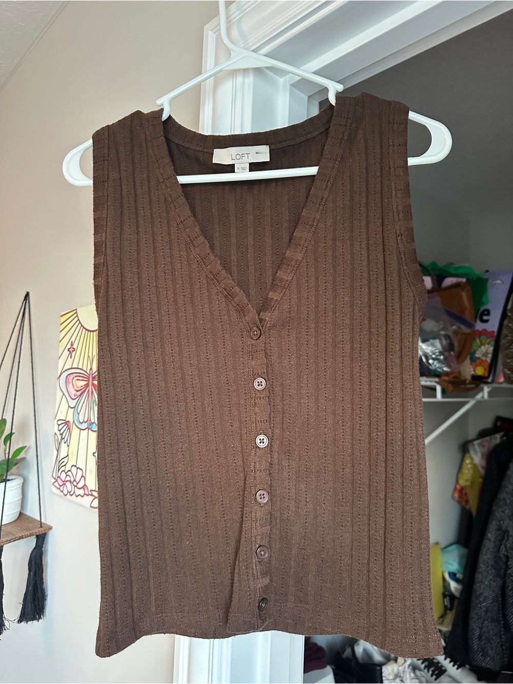 LOFT Brown Ribbed V-Neck Button Front Sweater Vest